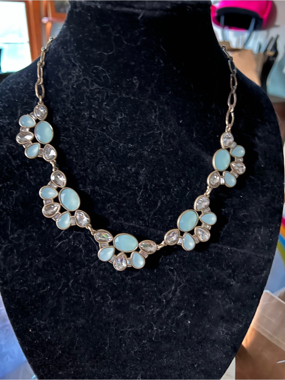 J Crew “Angelica?” Teardrop bib statement necklace with blue green cabochons.